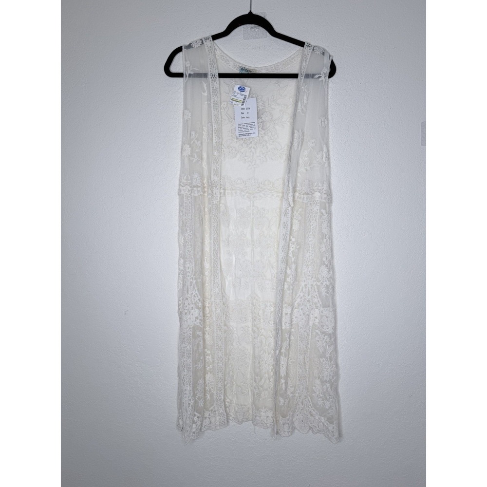 NWT Rebellion Again Long Lace‎ Sheer Open Kimono Womens M Ivory Coverup Fairy